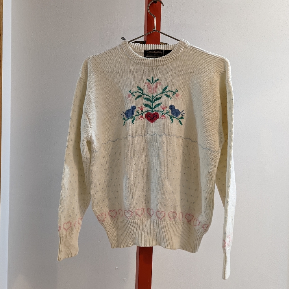 Eddie Bauer White Love Birds Knit Sweater Pink/Blue Hearts 100% Cotton Stains